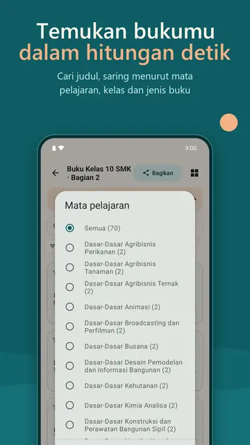 Cari dan saring buku menurut mata pelajaran, kelas, dan jenis buku